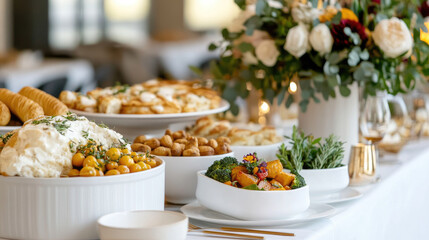 A beautifully arranged Thanksgiving buffet table loaded with various dishes, including salads, breads, and garnishes, creating warm and inviting atmosphere for celebration