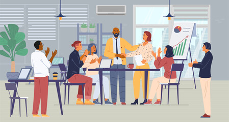 Multiracial business team celebrates successful project in the open space office flat vector illustration. Cheerful colleagues congratulate each other, shaking hands, applauding, showing thumbs up. 