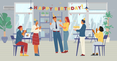 Multiracial business team celebrates colleague's birthday in the open office flat vector illustration. Cheerful men and women congratulate coworker, applauding, bringing birthday cake. 