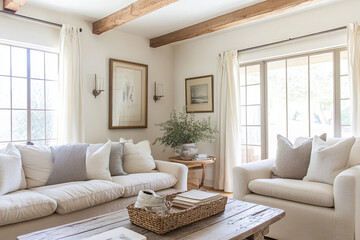 A bright and airy farmhouse living room with light cream walls, wooden beams on the ceiling, large windows with white curtains, comfortable sofas in soft linen beige tones, a rustic coffee table.