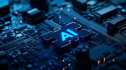 Connected Technology with AI Puzzle Piece on Circuit Board Background. AI generated illustration