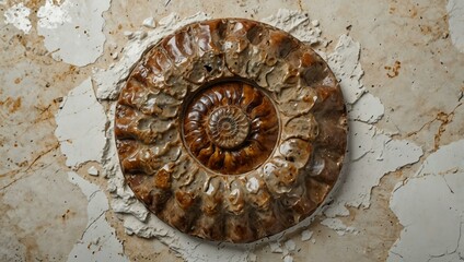 Ammonite fossil in stone on a white background.