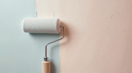 Obraz premium Paintbrush with a Roll of White Wallpaper on a Wall.