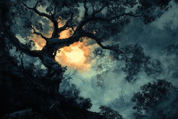 A Silhouetted Tree Canopy With a Glowing Sun In The Distance