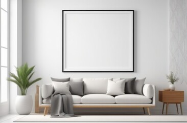 Modern cozy mock up and decoration furniture of living room and empty canvas frame on the white wall texture background, 3D rendering