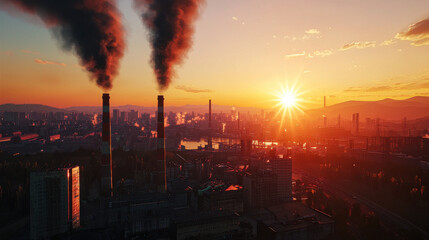 Obraz premium sprawling industrial city skyline at sunset, showcasing smokestacks emitting dark smoke against vibrant sky. scene captures contrast between industry and nature, evoking sense of both beauty and