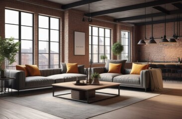 Living room interior in loft, industrial style, 3d render