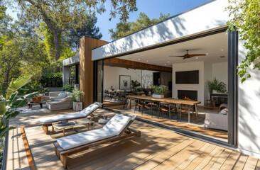 Fototapeta premium A modern house with sliding glass doors leading to an outdoor deck, surrounded by trees and plants