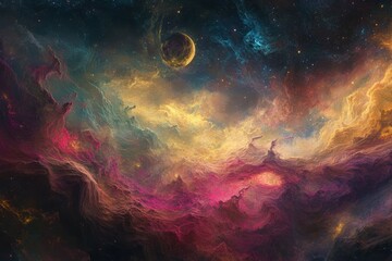 Fototapeta premium Abstract Cosmic Landscape with a Single Moon and Stars