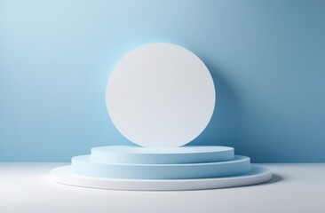 Minimal scene with podium and abstract background. Pastel blue and white colors scene. Trendy 3d render for social media banners, promotion, cosmetic product show. Geometric shapes interior. 
