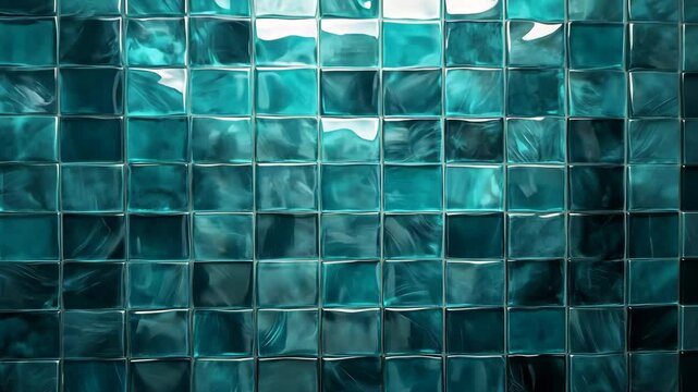 A wall of teal glass tiles reflects the light, creating a cool and inviting atmosphere