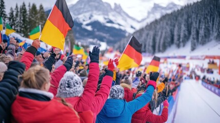 Excited biathlon fans in winter jackets, waving flags of Germany and cheering on athletes, with snowy biathlon track, forest and mountains in background.