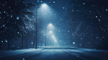The image shows heavy snow falling at night at the city entrance, blanketing the roadway in white. Streetlights on the side illuminate the snow-covered street, creating a beautiful winter atmosphere.