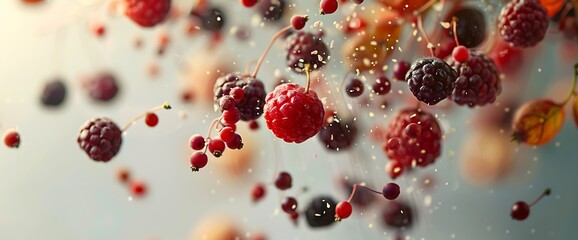 Fresh red and black berries falling through the air, creating a beautiful, abstract pattern.