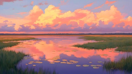 Fototapeta premium A painting of the sunset over a marsh, with pink and orange clouds in the sky