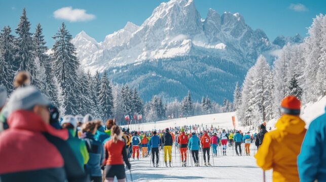 Enthusiastic spectators at cross-country skiing race, standing by snowy track, with mountain peaks and frosty pine trees framing scene.
