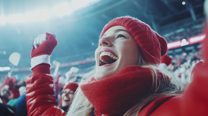 Happy and excited young woman on tribune, hockey game fan cheering with enthusiasm, fists raised in excitement
