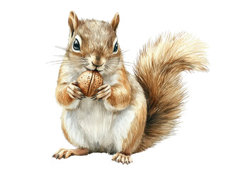 Obraz premium A cute squirrel holding an acorn, showcasing its fluffy tail and eager expression, perfect for nature or wildlife themes.