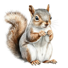 A cute, realistic illustration of a squirrel standing upright with its paws together, showcasing its fluffy tail and expressive features.
