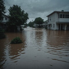 Obraz premium City submerged under floodwaters after heavy rains with major damage to infrastructure and homes