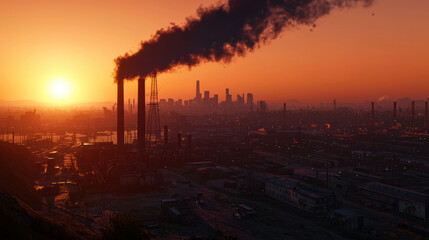 Obraz premium sprawling industrial city skyline at sunset, showcasing smokestacks emitting dark smoke against vibrant orange sky. scene captures essence of urban industry and environmental impact