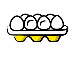 Hand drawn egg carton doodle line icon. Half dozen eggs container. Simple cartoon drawing, vector clip art illustration.
