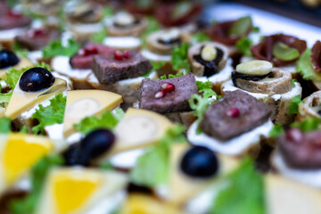 Delicious assortment of beautifully arranged hors d'oeuvres at a festive gathering featuring fresh ingredients and vibrant colors