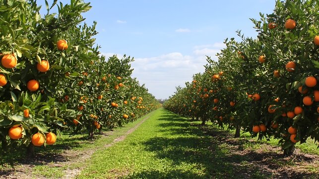 A wide photograph showcasing a lush 3 acre orange orchard with rows of vibrant citrus trees bearing ripe hanging fruit under a clear blue sky  The scene depicts a tranquil