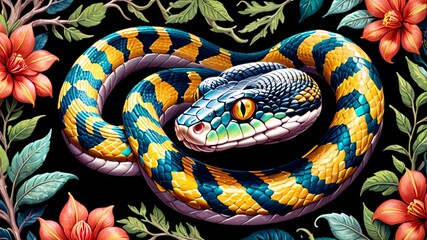 Fototapeta premium Colorful snake with yellow, blue, and black scales among red and green flowers.