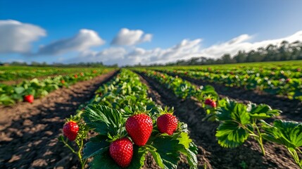 Expansive strawberry farm with neat rows of vibrant green plants dotted with ripe red strawberries stretching out under a bright blue sky and surrounded by verdant countryside
