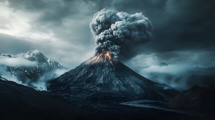 Dramatic image of a towering volcano with thick clouds of smoke and steam rising from its peak set against a backdrop of dark rugged terrain and a cloudy sky