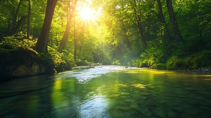 Obraz premium Sunbeams illuminate a tranquil river flowing through a lush forest, creating a serene and idyllic natural landscape.