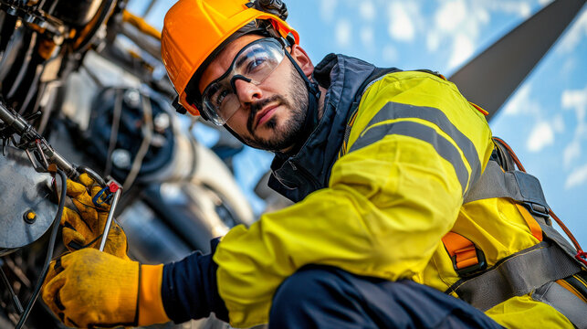 maintenance engineer in bright yellow safety jacket and helmet is focused on his work, showcasing dedication and professionalism in dynamic industrial environment