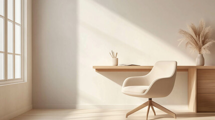 Fototapeta premium A beautiful and modern armchair and a work desk in light beige colors and sun light coming in