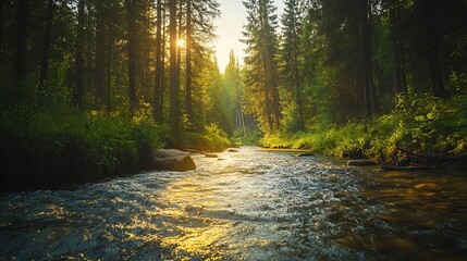 Obraz premium Sun rays illuminate a tranquil river flowing through a dense forest.