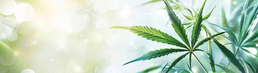 Fresh green cannabis leaves, natural lighting, abstract soft background.