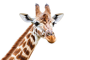 Obraz premium Close-up of a majestic giraffe showcasing its unique spotted pattern and expressive features against a plain background, transparent background.