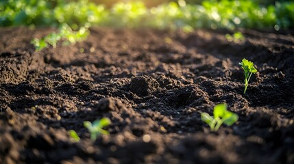 Close up photo of rich dark soil in a well prepared garden bed with small clumps and organic material visible ready for planting vegetables under soft natural light