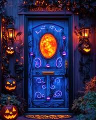 Spooky Halloween Decor at a Blue Door Entrance