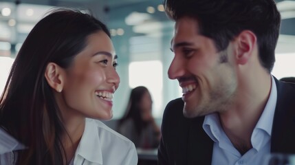 Modern office couple discreetly exchanging smiles during break, capturing subtle workplace romance and connection amidst blurred coworkers.	