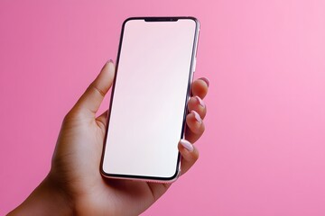A hand of a Black woman holding up a blank screen smartphone against a pink background 