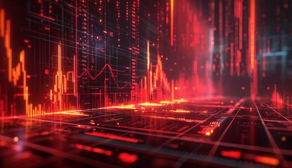 Financial data flowing in cyberspace with red charts and graphs