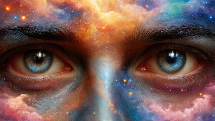 Naklejka premium Surreal Digital Portrait of a Mind Undergoing Metaphysical Transformation through Psychedelic Energies and Scalar Waves