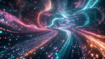 Obraz premium A vibrant cyber landscape of glowing data and AI harmonizes in deep blues and electric greens.