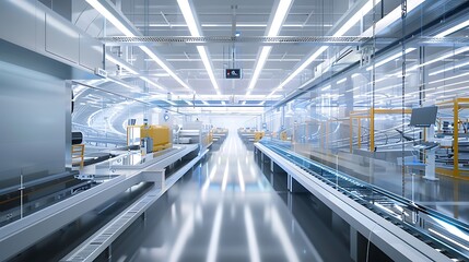 Fototapeta premium Futuristic factory interior showcasing automated conveyor belt systems and advanced robotic machinery.