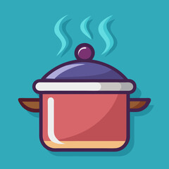 Cooking soup or food. Pot with boiling water and steam. Cooking food in pan. Flat vector illustration isolated on white background. stock illustration