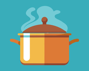 Cooking soup or food. Pot with boiling water and steam. Cooking food in pan. Flat vector illustration isolated on white background. stock illustration