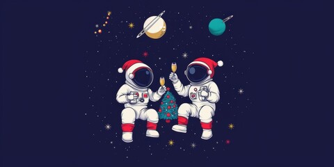 Naklejka premium Illustration. Two cosmonauts in space suits celebrating Christmas in space with decorated Christmas tree, lights and planets