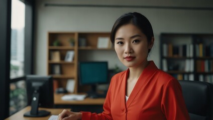 Asian woman in red outfit, confident in an office.