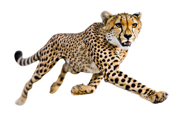 A stunning cheetah in mid-run displaying its powerful physique and beautiful spotted fur in a dynamic pose, transparent background.